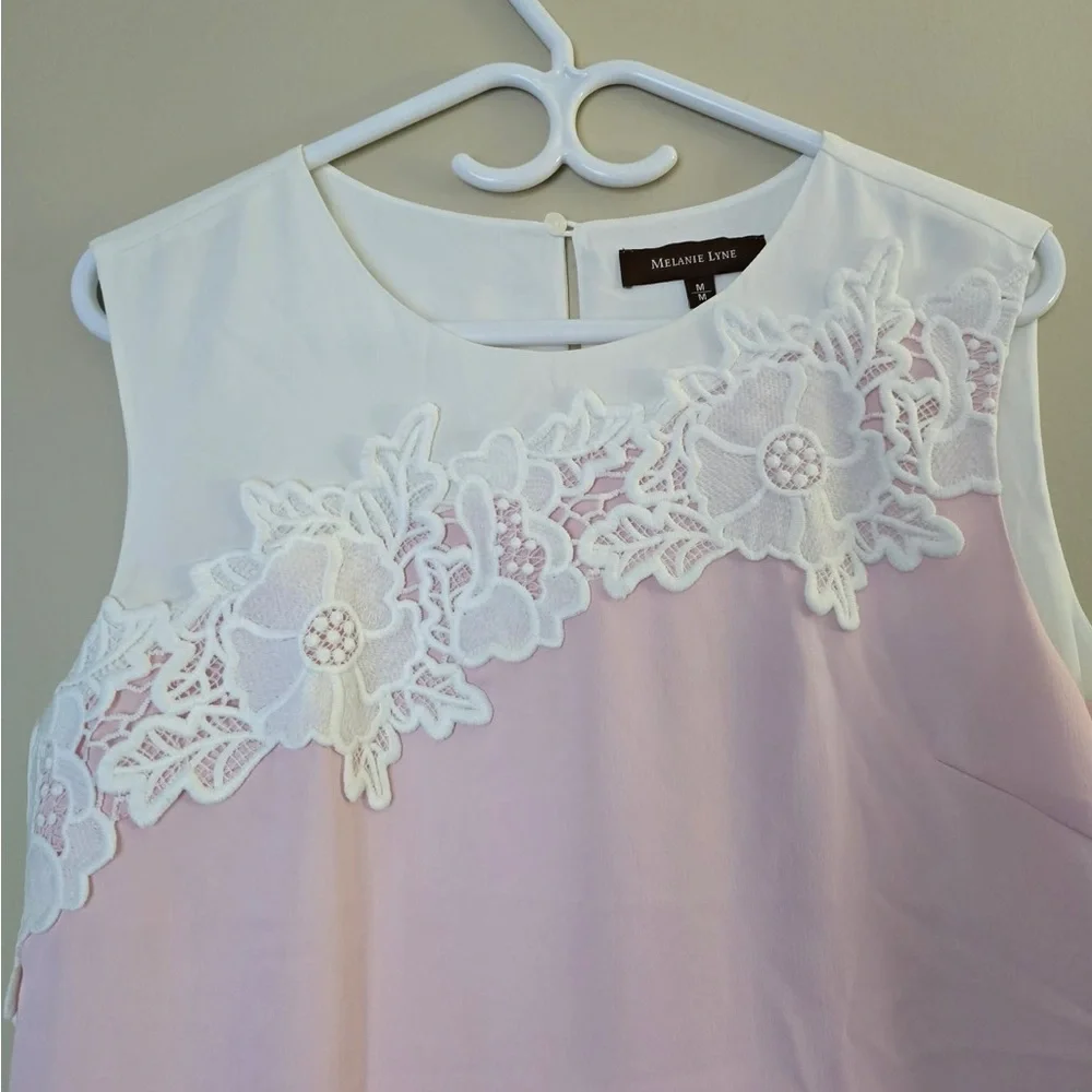 MELANIE LYNE Pink & White Floral Embroidered Lace Sleeveless Blouse - Size M - Picture 4 of 9